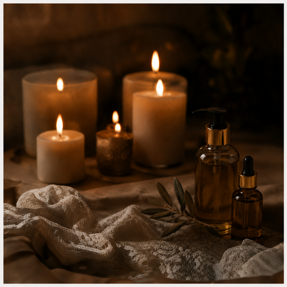Lit candles and amber wellness oils on linen — EROSSA intimate wellness collection