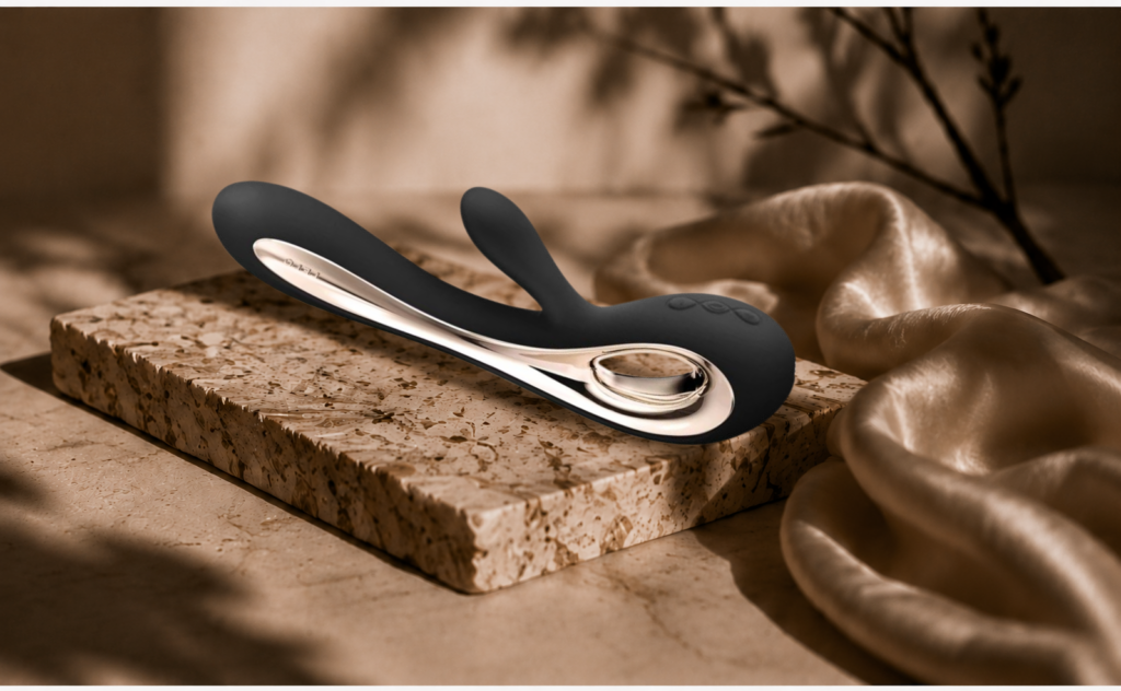 LELO Soraya 2 rabbit vibrator in black on travertine with silk — EROSSA