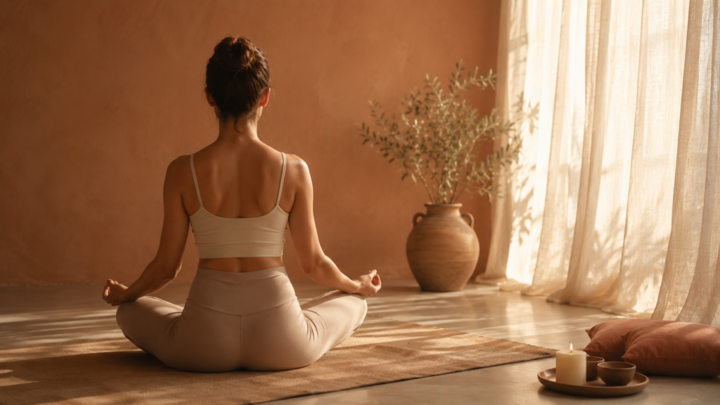 Woman seated in a calm sunlit room, illustrating pelvic floor health and everyday intimate wellness