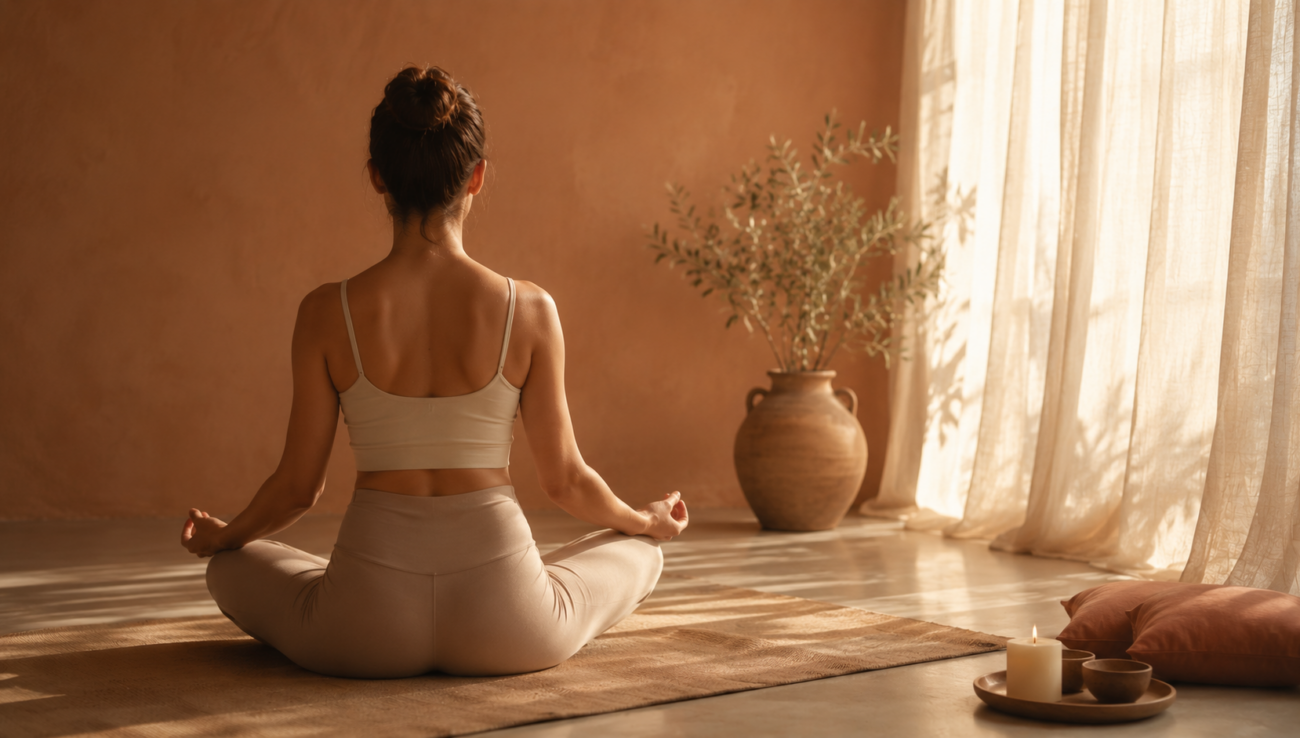 Pelvic Floor Health – EROSSA Journal Woman seated in a calm sunlit room, illustrating pelvic floor health and everyday intimate wellness