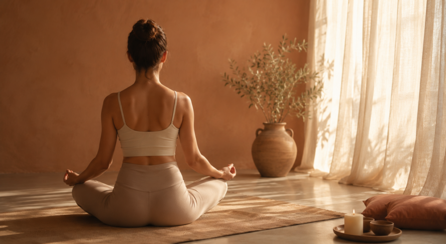 Pelvic Floor Health – EROSSA Journal Woman seated in a calm sunlit room, illustrating pelvic floor health and everyday intimate wellness