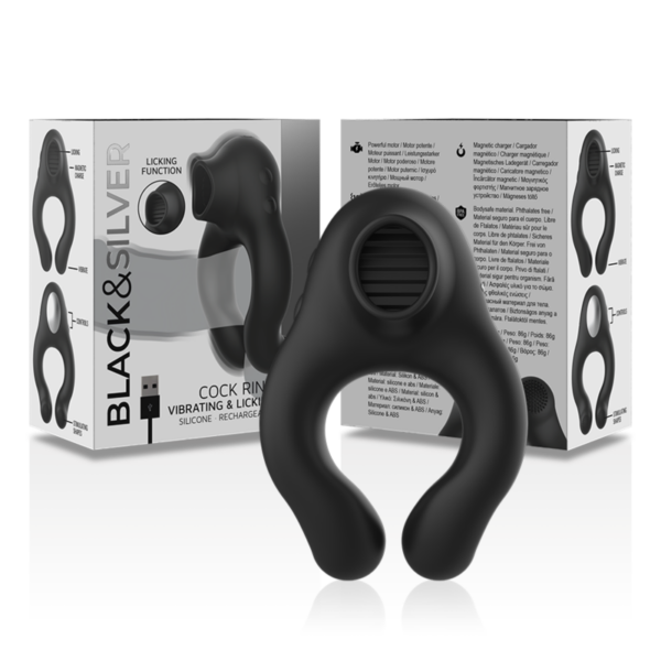 Black & Silver Licking — Vibrating Cock Ring, Rechargeable — Cock Rings — view 7