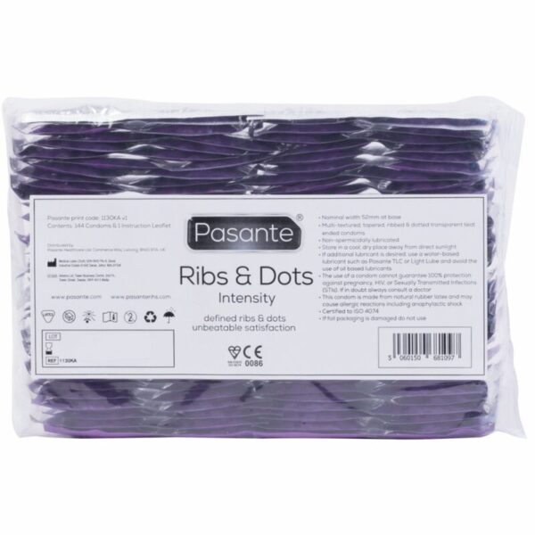 Pasante Ribs and Dots Intensity — Textured Condoms, 144 Pack, Bag — Bulk Condom Packs