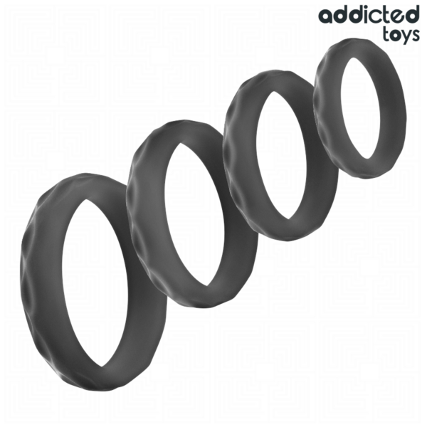 Addicted Toys Textured 4-Piece — Cock Ring Set, Black — Classic Cock Rings — view 6