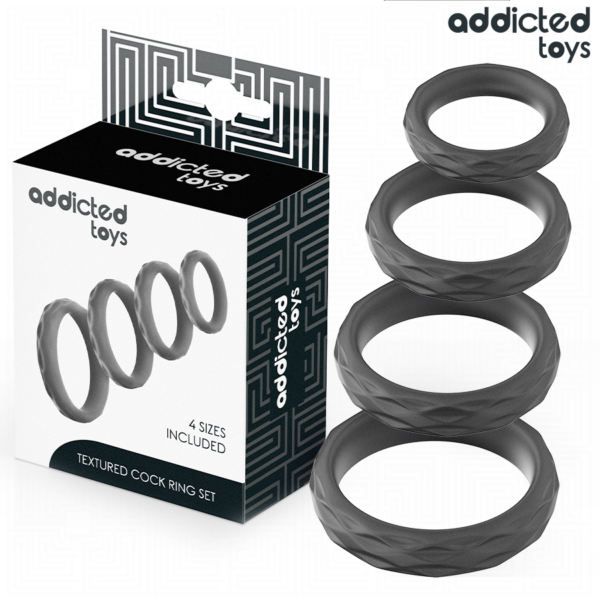 Addicted Toys Textured 4-Piece — Cock Ring Set, Black — Classic Cock Rings