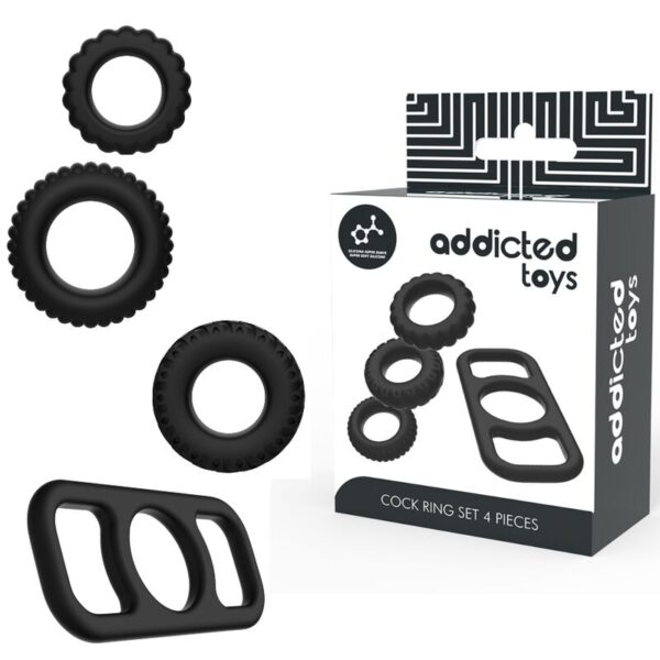 Addicted Toys 4-Piece — Cock Ring Set, Black — Classic Cock Rings — view 8