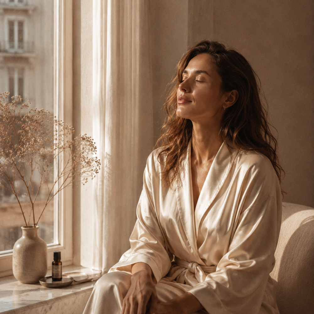 Woman in a cream silk robe in soft morning light — EROSSA intimate wellness for her