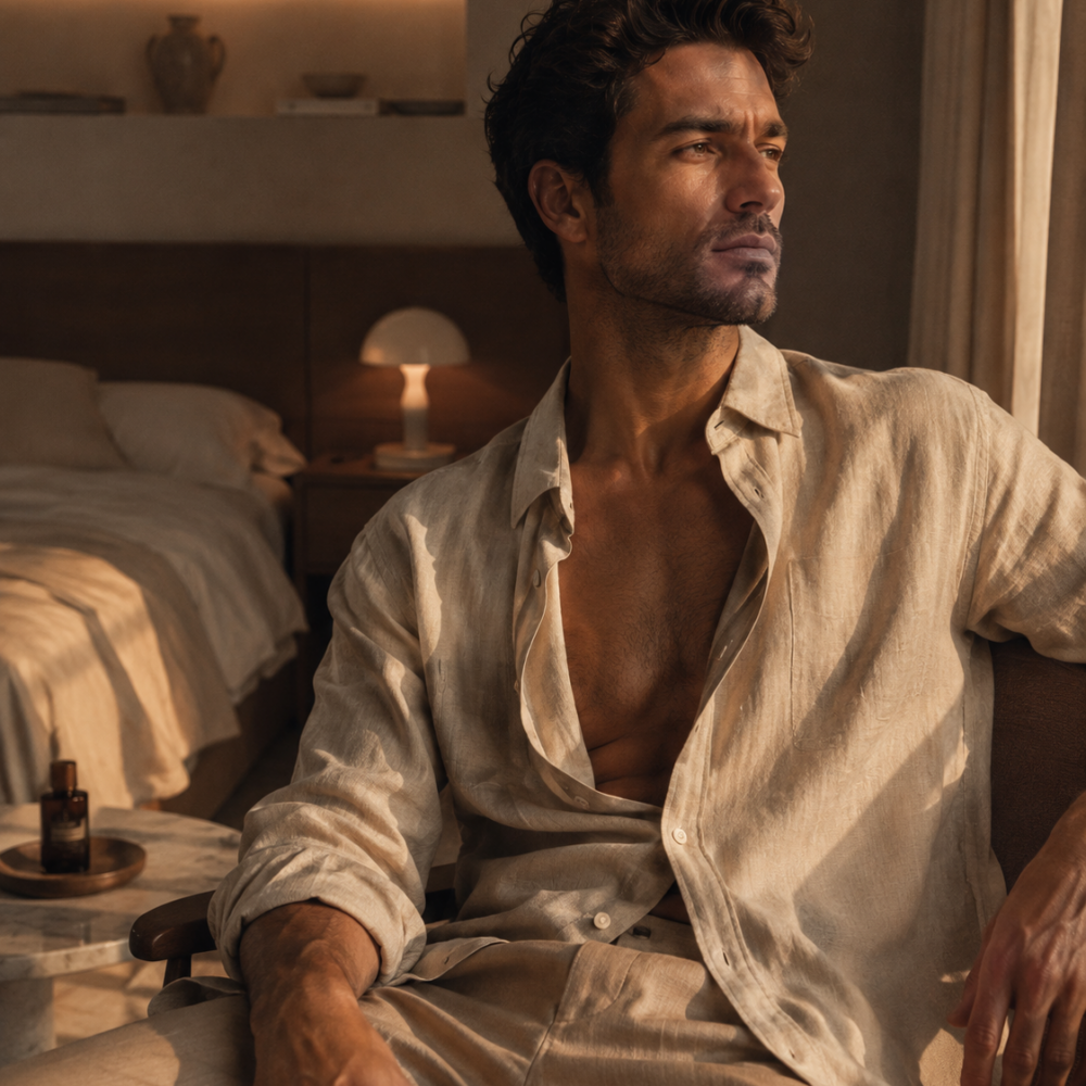 Man in an open linen shirt in a warm, quiet bedroom — EROSSA intimate wellness for him