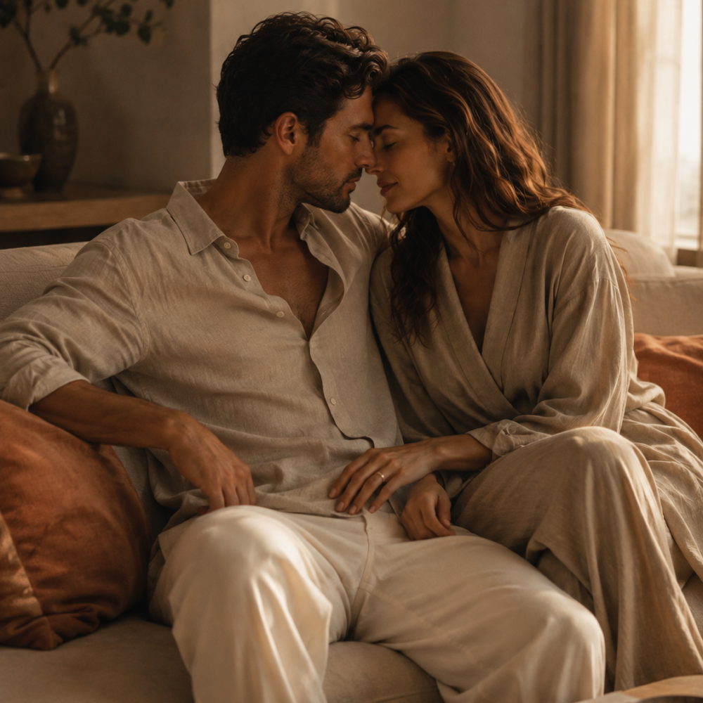 Couple resting close together on a sofa in warm light — EROSSA intimate wellness for couples