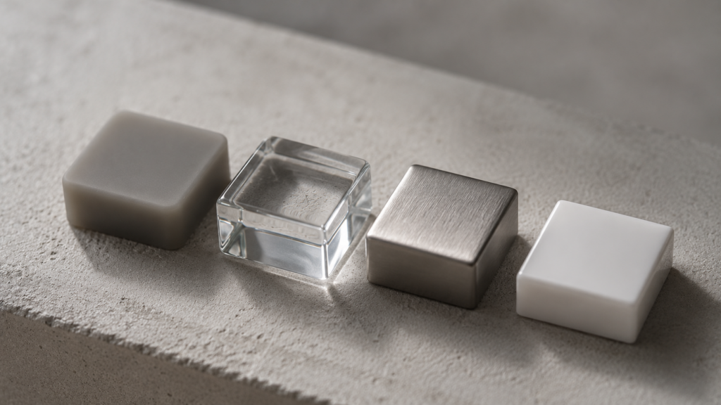 Samples of medical-grade silicone, borosilicate glass, stainless steel and ABS plastic, illustrating body-safe toy materials