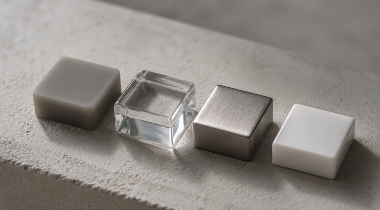 Samples of medical-grade silicone, borosilicate glass, stainless steel and ABS plastic, illustrating body-safe toy materials