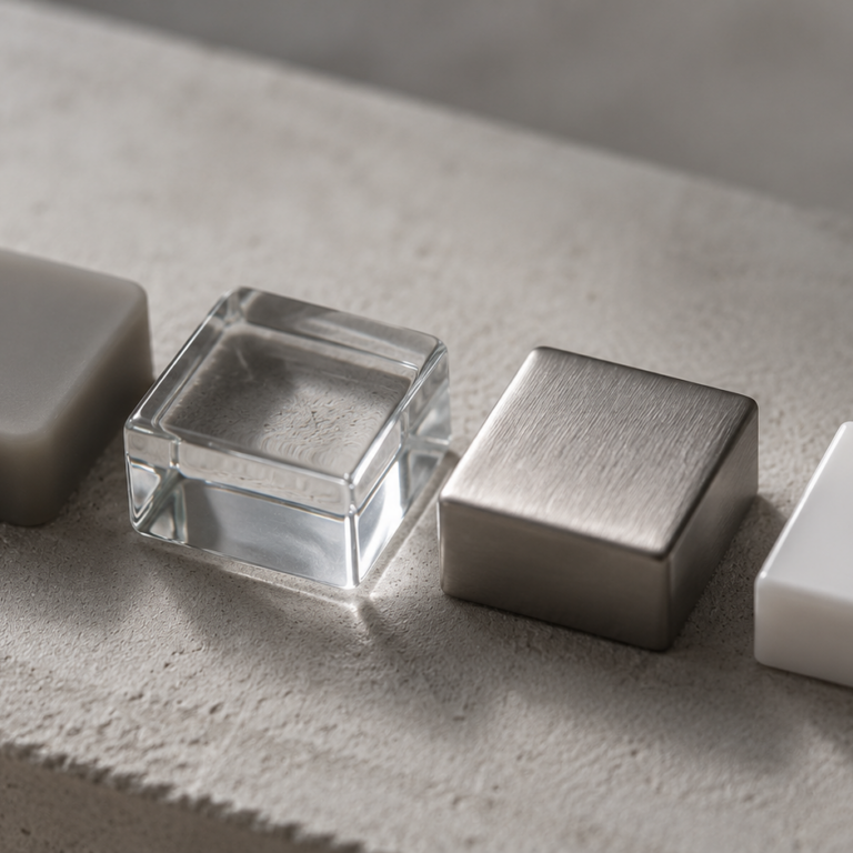 Samples of medical-grade silicone, borosilicate glass, stainless steel and ABS plastic, illustrating body-safe toy materials