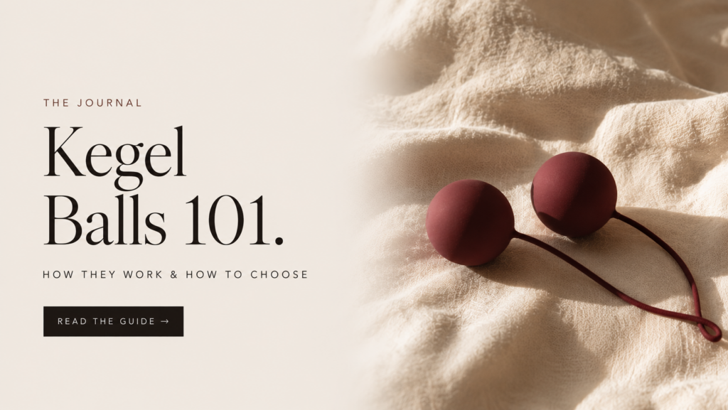 Editorial banner for the EROSSA guide to kegel balls, showing a burgundy weighted kegel balls set on cream linen