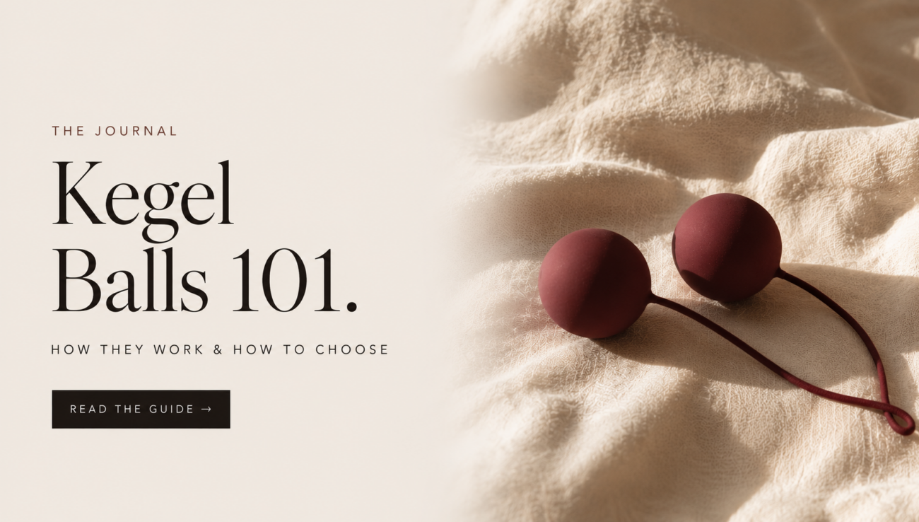 Kegel Balls 101 – EROSSA Journal Editorial banner for the EROSSA guide to kegel balls, showing a burgundy weighted kegel balls set on cream linen