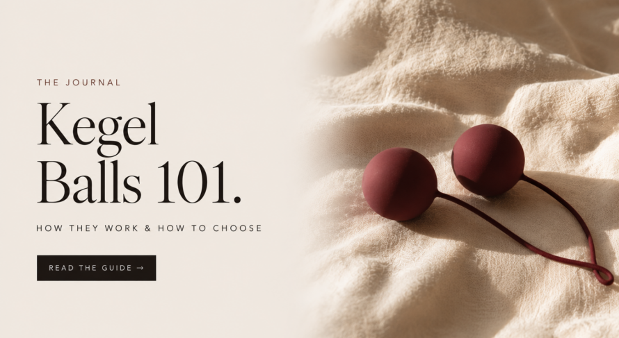 Editorial banner for the EROSSA guide to kegel balls, showing a burgundy weighted kegel balls set on cream linen
