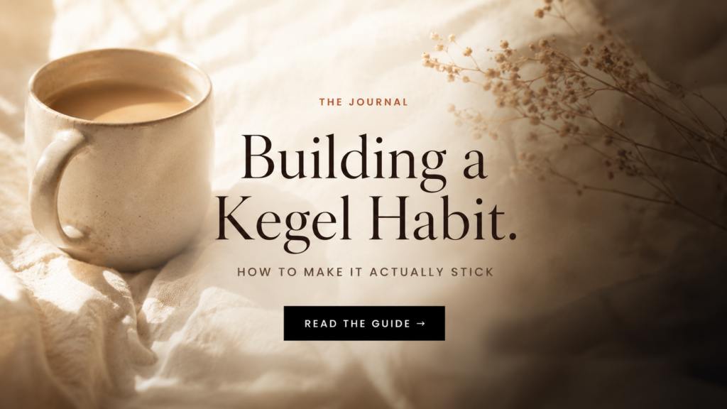 Editorial banner for the EROSSA guide to kegel exercises, showing a ceramic mug on soft linen in morning light