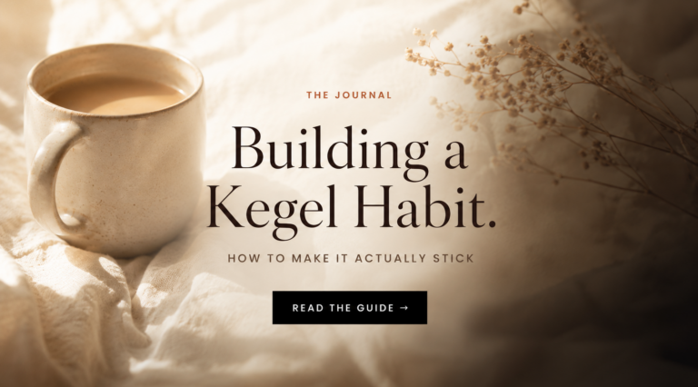 Editorial banner for the EROSSA guide to kegel exercises, showing a ceramic mug on soft linen in morning light