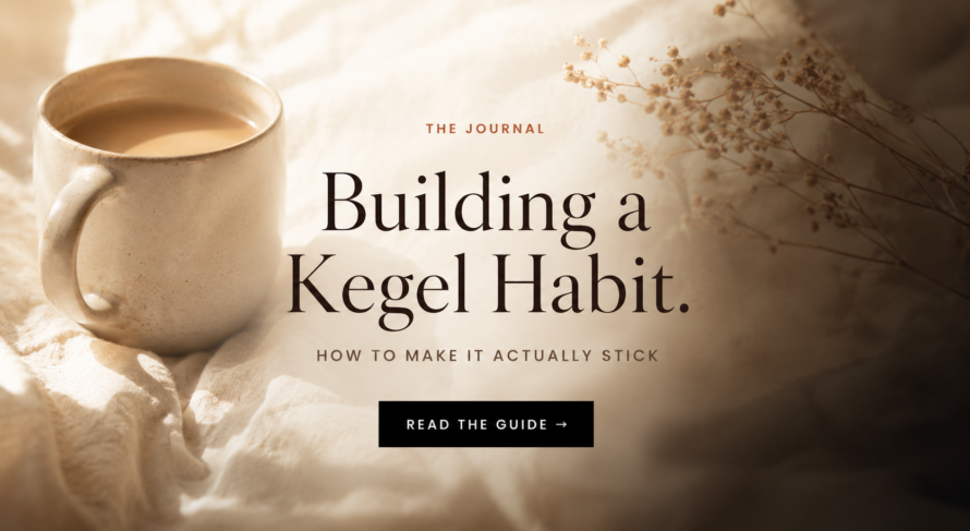 Editorial banner for the EROSSA guide to kegel exercises, showing a ceramic mug on soft linen in morning light