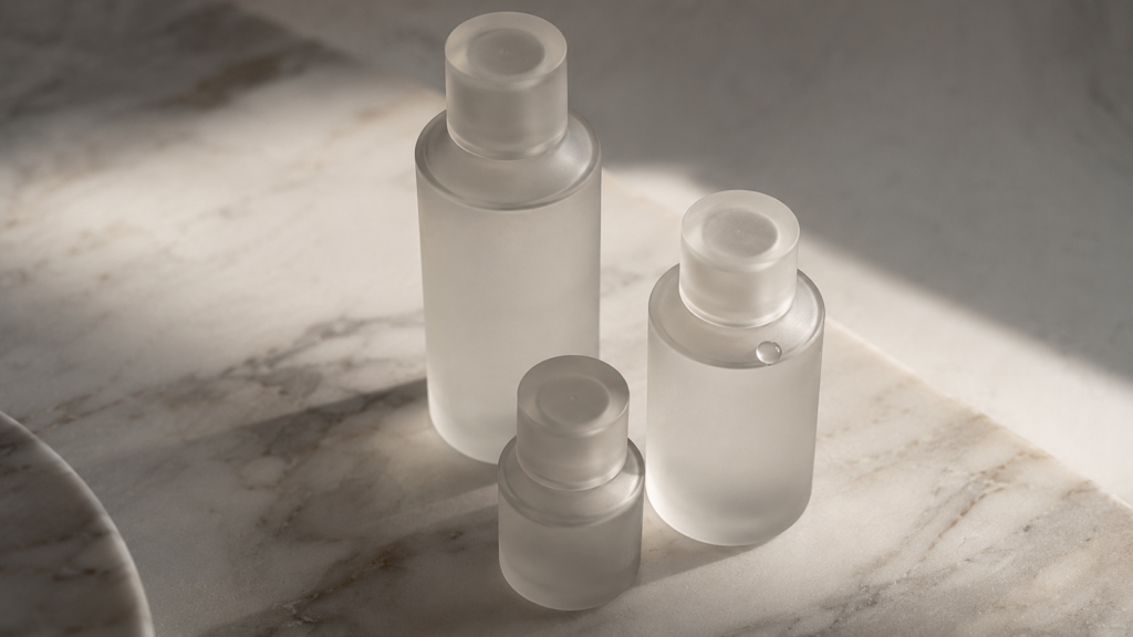Frosted glass lubricant bottles on marble, illustrating a guide to which lubricant works with which toy material