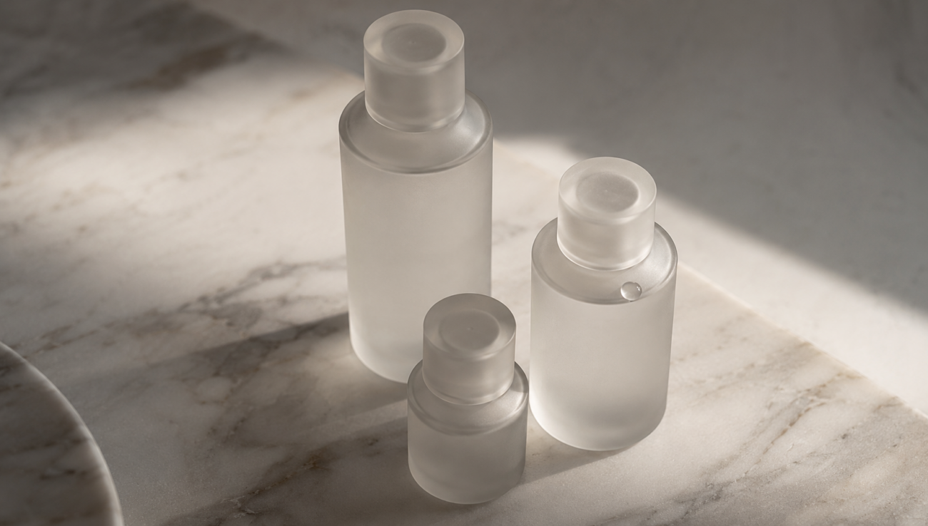 Frosted glass lubricant bottles on marble, illustrating a guide to which lubricant works with which toy material