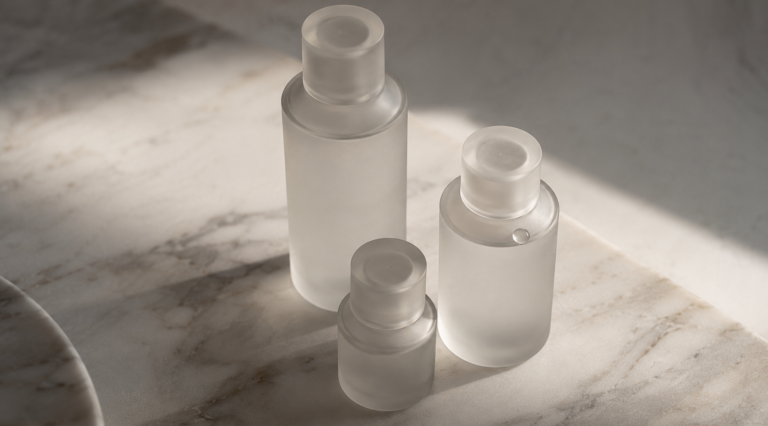 Frosted glass lubricant bottles on marble, illustrating a guide to which lubricant works with which toy material