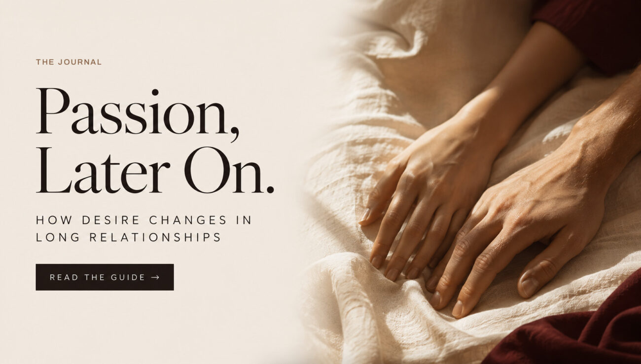 Editorial banner for the EROSSA guide to desire in a long relationship, showing two hands resting together on linen
