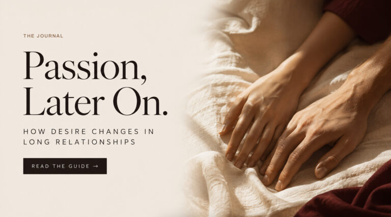 Editorial banner for the EROSSA guide to desire in a long relationship, showing two hands resting together on linen