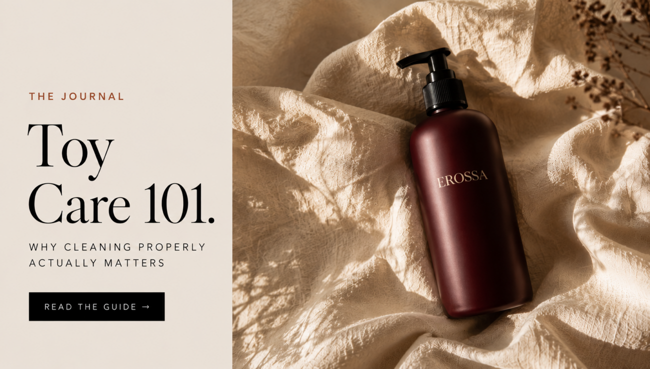 Toy Care & Cleaning – EROSSA Journal Editorial banner for the EROSSA guide to cleaning intimate products, showing a burgundy cleaner bottle on cream linen