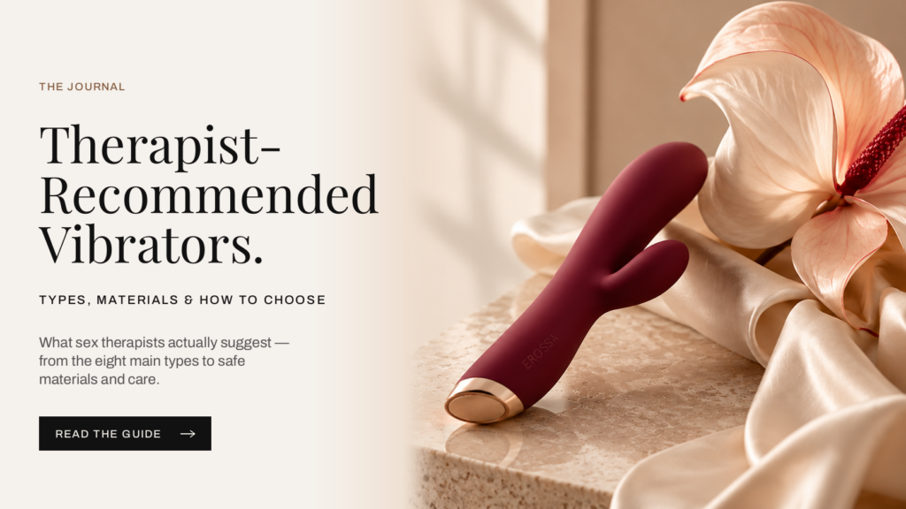 Editorial banner for the EROSSA guide to therapist-recommended vibrators, showing a premium burgundy vibrator on draped silk