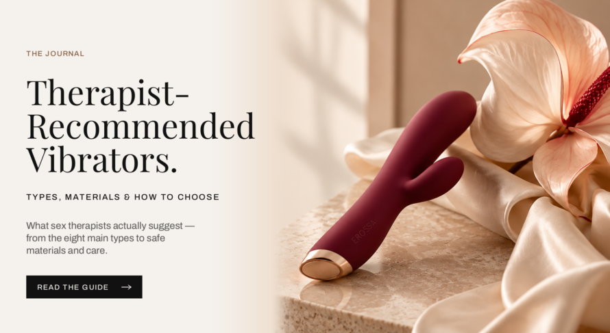Therapist-Recommended Vibrators – EROSSA Journal Editorial banner for the EROSSA guide to therapist-recommended vibrators, showing a premium burgundy vibrator on draped silk