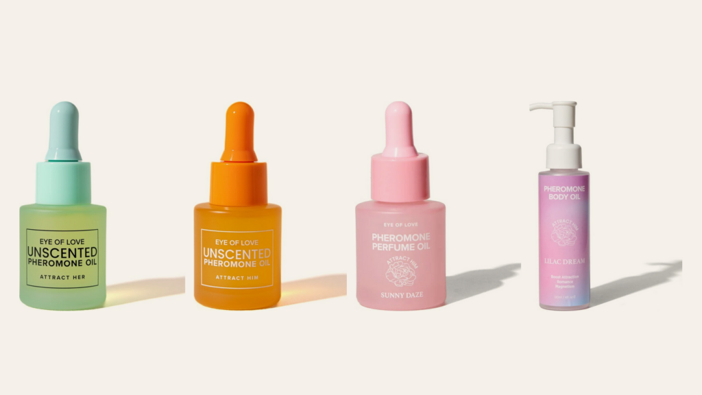 Four pheromone perfume and oil bottles from the EROSSA range on a cream background