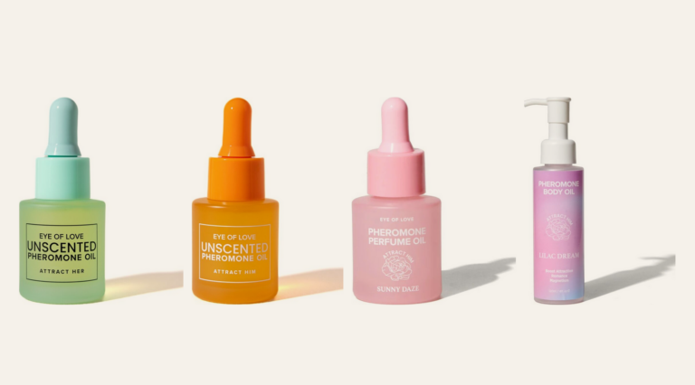 Four pheromone perfume and oil bottles from the EROSSA range on a cream background