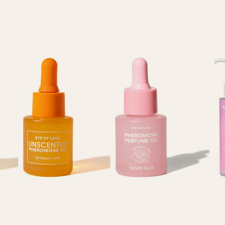 Four pheromone perfume and oil bottles from the EROSSA range on a cream background